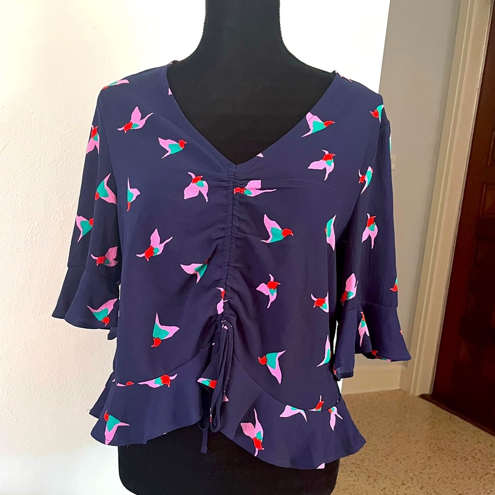 Navy blue bird pattern Elodie blouse.